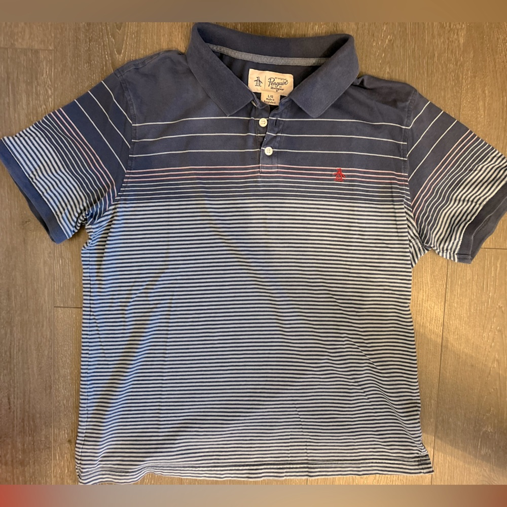 Original Penguin men’s polo Sz Large, blue stripes cotton comfort wear shirt